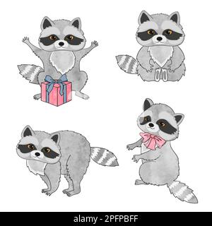 Ensemble de ratons laveurs mignons isolés sur blanc. Illustration de dessin animé vectoriel. Illustration de Vecteur