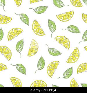 Motif citrons dessinés à la main dans un style rétro. Fond vectoriel sans couture avec des tranches de citron et des feuilles. Illustration de Vecteur
