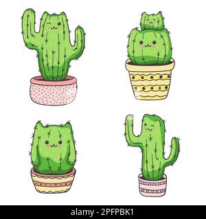 Ensemble de cactus de chat mignon de dessin animé. Illustration vectorielle. Illustration de Vecteur