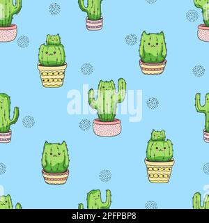 Joli motif cactus de chat de dessin animé. Arrière-plan vectoriel transparent. Illustration de Vecteur