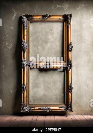 Cadre antique de la galerie d'art doré avec décorations en métal et espace de copie vierge, sur le mur de l'exposition du musée. Banque D'Images