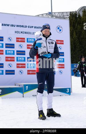 Oslo, Norvège 18 mars 2023, Johannes Thingnes BoE of Norway célèbre après la poursuite de MEN 12,5km lors du Biathlon de la coupe du monde IBU BMW à Holmenkollen Oslo, Norvège. Credit: Nigel Waldron/Alay Live News Banque D'Images