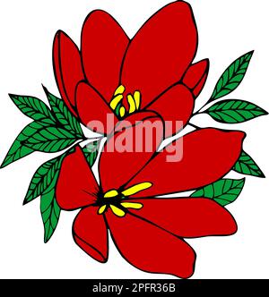 dessin graphique couleur de deux grandes fleurs rouges avec un contour noir, élément isolé, décor Banque D'Images