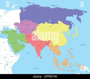 Carte couleur politique de l'Asie avec frontières des États. Illustration de Vecteur