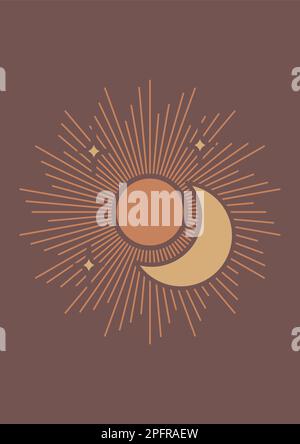 Décoration murale minimaliste style boho à imprimé lune et soleil rétro Illustration vectorielle minimaliste carte Tarot. Illustration de Vecteur