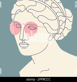 Fragment d'une ancienne statue grecque d'une femme en lunettes de soleil roses. Sculpture ancienne avec éléments modernes. Illustration tendance Vector. Illustration de Vecteur