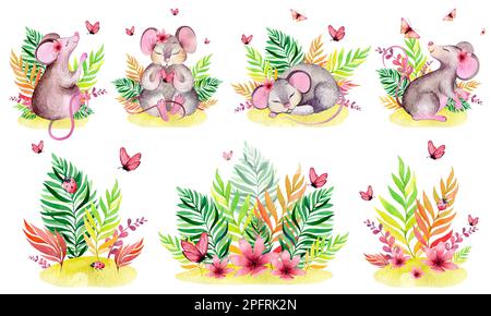 Ensemble aquarelle d'illustrations de la petite souris, du panier, des papillons, des champignons de la forêt. Illustration pour enfants isolée sur fond blanc de dessin animé m Banque D'Images