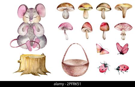 Jeu d'illustrations aquarelles de champignons forestiers. Illustration pour enfants isolée sur fond blanc de champignons de dessin animé.dessinée à la main pour poster imprimé, Banque D'Images