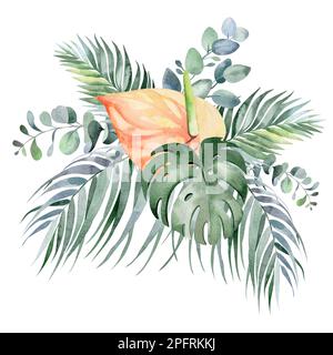 Un ensemble d'illustrations de bouquet floral aquarelle - délicatement rose, vert, rose fleur feuilles vertes branches de bouquets collection Banque D'Images