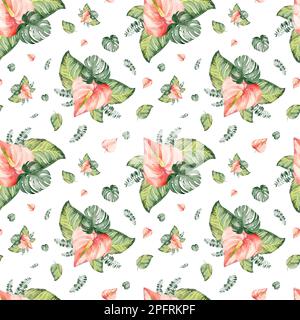 motif aquarelle sans couture. arrière-plan floral fleurs tropicales et feuilles avec des oiseaux flammants. Plantes et fleurs d'Australie. Banque D'Images