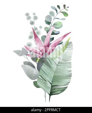 Un ensemble d'illustrations de bouquet floral aquarelle - délicatement rose, vert, rose fleur feuilles vertes branches de bouquets collection Banque D'Images