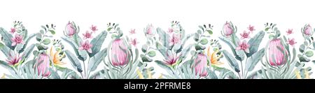 Bordure fleurie sans couture aquarelle. Australie fleurs tropicales et plantes avec des oiseaux flammants. Décoration, cartes postales, sublimation. Banque D'Images