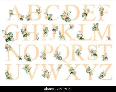 Alphabet, ensemble floral de lettres avec aquarelle, fleurs, roses et feuilles. Initiales isolées de monogramme parfaites pour les invitations de mariage, saluez Banque D'Images