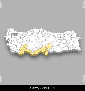 Région méditerranéenne situation dans la Turquie carte isométrique 3D Illustration de Vecteur