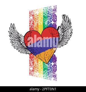 Motif T-shirt à coeur ailé aux couleurs du drapeau arménien. Illustration vectorielle pour la fierté gay Illustration de Vecteur
