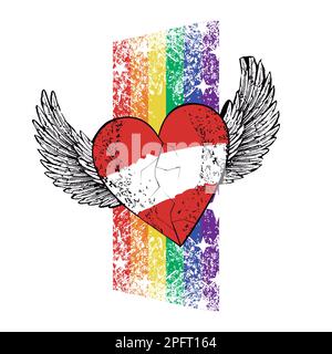 T-shirt à coeur ailé aux couleurs du drapeau autrichien. cœur rouge et blanc. Illustration vectorielle pour la fierté gay Illustration de Vecteur