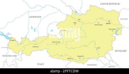 Carte politique de l'Autriche avec frontières nationales, villes et rivières Illustration de Vecteur