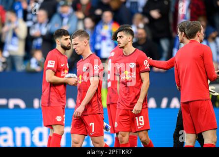 Allemagne. 18th mars 2023. De gauche à droite Josko GVARDIOL (L), Dani OLMO (L), Andre SILVA (L) déçu après le match, football 1st Bundesliga, 25th jour de match, VfL Bochum (BO) - RB Leipzig (L) 1:0, Am 18 mars 2023 à Bochum/Allemagne. #La réglementation DFL interdit toute utilisation de photographies comme séquences d'images et/ou quasi-vidéo # crédit: dpa Picture Alliance/Alamy Live News Banque D'Images