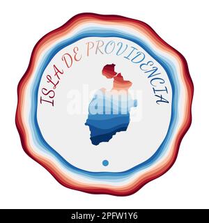 Badge Isla de Providencia. Carte de l'île avec de belles vagues géométriques et un cadre rouge bleu vif. Logo Isla de Providencia aux couleurs vives. Vecteur i Illustration de Vecteur