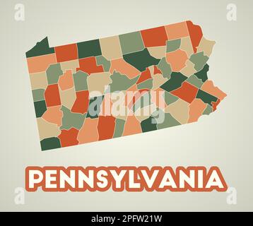 Affiche Pennsylvania dans un style rétro. Carte de l'état des États-Unis avec les régions dans la palette de couleurs d'automne. Forme de la Pennsylvanie avec le nom de l'État. Vecto artistique Illustration de Vecteur