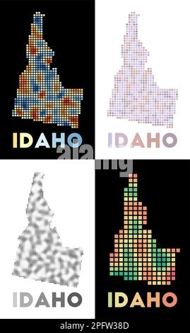 Carte de l'Idaho. Collection de carte de l'Idaho en style pointillé. Frontières de l'état américain remplies de rectangles pour votre conception. Illustration vectorielle. Illustration de Vecteur