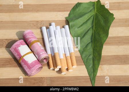 ferme de tabac de couleur verte avec billet de banque et cigarette pour la récolte Banque D'Images