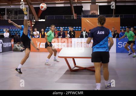 Madrid, Espagne. 18th mars 2023. Csaba Banyik (1st L) retourne le ballon pendant la demi-finale mixte de doubles entre Csaba Banyik/Krisztina ACS de Hongrie et Nikola Mitro/Maja Umicevic de Serbie lors de la tournée européenne de Teqball à Madrid, en Espagne, sur 18 mars 2023. Credit: Meng Dingbo/Xinhua/Alay Live News Banque D'Images