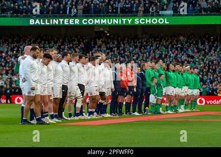 Joueurs de rugby lors du match de la Guinness six Nations Round 5 entre l'Irlande et l'Angleterre au stade Aviva à Dublin, Irlande sur 18 mars 2023 (photo par Andrew SURMA/ SIPA USA). Banque D'Images