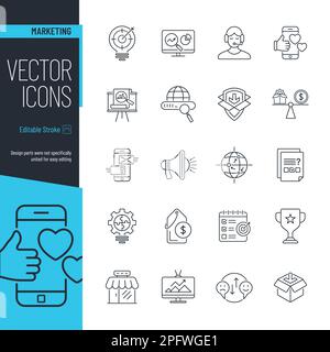 Symboles de ligne simple de marketing commercial couramment utilisés sur fond blanc. Ensemble de 20 icônes vectorielles. Illustration de Vecteur