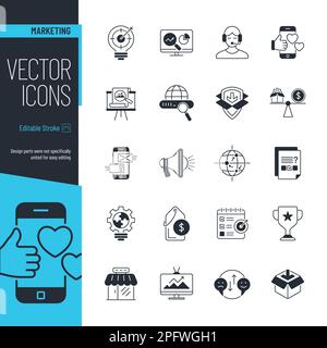 Les symboles classiques noirs de marketing d'entreprise les plus couramment utilisés sur fond blanc. Ensemble de 20 icônes vectorielles. Illustration de Vecteur