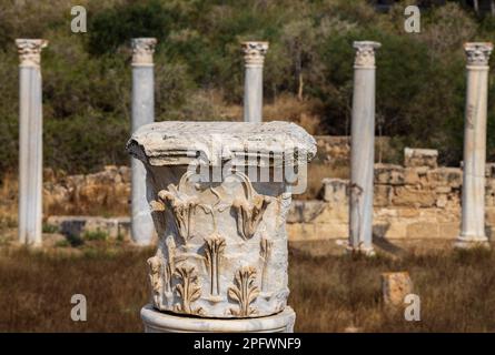 7 juin 2022, Famagusta, Chypre : colonnes du gymnase de Salamis avec plusieurs bains romains à proximité. Salamis était une ancienne cité-état grecque sur la côte est de Chypre, à l'embouchure de la rivière Pedieos, près de Famagouste moderne. Le fondateur de Salamis était Teucer, fils de Telamon, roi de l'île grecque de Salamis, qui ne pouvait pas rentrer à la maison après la guerre de Troie parce qu'il n'avait pas vengé son frère Ajax. Les découvertes archéologiques remontent au XIe siècle avant Jésus-Christ, âge du bronze tardif. Le ''centre culturel'' de Salamis pendant la période romaine a un gymnase, théâtre, amphithéâtre, stade et p Banque D'Images