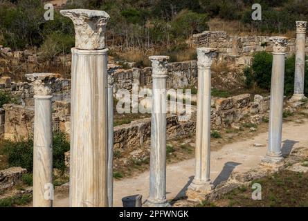 7 juin 2022, Famagusta, Chypre : colonnes du gymnase de Salamis avec plusieurs bains romains à proximité. Salamis était une ancienne cité-état grecque sur la côte est de Chypre, à l'embouchure de la rivière Pedieos, près de Famagouste moderne. Le fondateur de Salamis était Teucer, fils de Telamon, roi de l'île grecque de Salamis, qui ne pouvait pas rentrer à la maison après la guerre de Troie parce qu'il n'avait pas vengé son frère Ajax. Les découvertes archéologiques remontent au XIe siècle avant Jésus-Christ, âge du bronze tardif. Le ''centre culturel'' de Salamis pendant la période romaine a un gymnase, théâtre, amphithéâtre, stade et p Banque D'Images