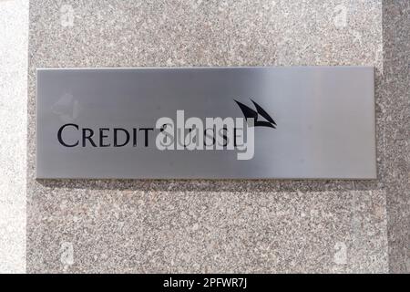 New York, New York, États-Unis. 18th mars 2023. (NOUVEAU) Credit Suisse. 18 mars 2023, New York, New York, Etats-Unis : une signalisation du Credit Suisse est visible sur le bâtiment abritant les bureaux bancaires du Credit Suisse sur Park Avenue South à Midtown Manhattan sur 18 mars 2023 à New York. L'UBS s'approche de l'acquisition du crédit Suisse dans le cadre des efforts visant à stabiliser le secteur bancaire. (Credit image: © M10s/TheNEWS2 via ZUMA Press Wire) USAGE ÉDITORIAL SEULEMENT! Non destiné À un usage commercial ! Banque D'Images