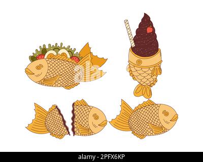 Cuisine japonaise traditionnelle. Autocollants taiyaki asiatiques. Glace en forme de poisson, sandwich. Illistration vectorielle. Illustration de Vecteur