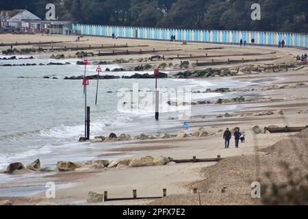 Couple marchant un chien le long de la plage Avon avec des cabanes de plage bordant le bord de l'eau. Banque D'Images