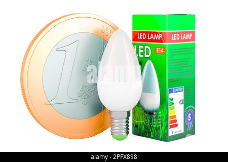 Lampe LED à économie d'énergie avec pièce en euros. Concept d'économie d'énergie. 3D rendu isolé sur fond blanc Banque D'Images