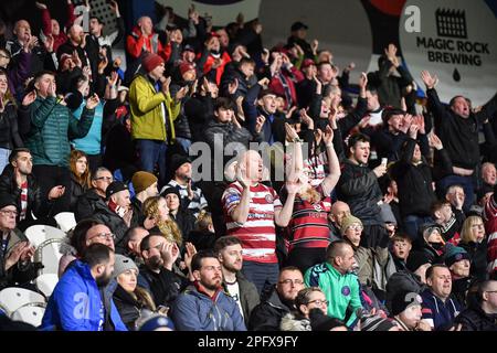 Huddersfield, Angleterre - 17th mars 2023 - fans de Wigan Warriors. Rugby League Betfred Super League Round Five, Huddersfield Giants vs Wigan Warriors au stade John Smith, Huddersfield, Royaume-Uni Banque D'Images