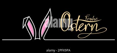 Vecteur d'oreille de lapin de Pâques avec salutation de Pâques heureuse en langue allemande. Arrière-plan noir. Décoration symbole Pâques blanche, rose, or et noir. Illustration de Vecteur