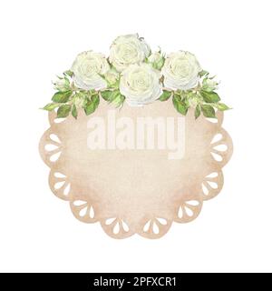 Dentelle beige avec roses et feuilles blanches. Place pour l'inscription ou le texte. Illustration aquarelle. Isolé sur un fond blanc. Pour la conception de GR Banque D'Images