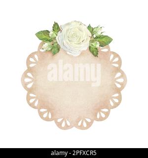 Dentelle beige avec roses et feuilles blanches. Place pour l'inscription ou le texte. Illustration aquarelle. Isolé sur un fond blanc. Pour la conception de GR Banque D'Images