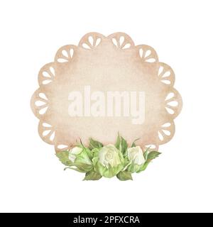 Dentelle beige avec roses et feuilles blanches. Place pour l'inscription ou le texte. Illustration aquarelle. Isolé sur un fond blanc. Pour la conception de GR Banque D'Images