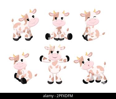 Joyeux bébé vache dans différentes poses dessin animé ensemble d'illustration Illustration de Vecteur