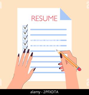 Mains de la femme écrivant CV papier liste de contrôle avec crayon Illustration de Vecteur