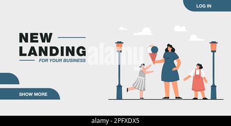 Mère de dessin animé tenant une énorme glace pour les filles dans le parc Illustration de Vecteur