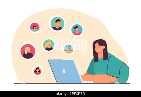 Employé parlant à des collègues ou à des amis pendant une réunion en ligne Illustration de Vecteur