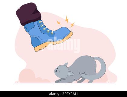 Coup de pied agressif au chat pauvre du pied géant dans le coffre Illustration de Vecteur