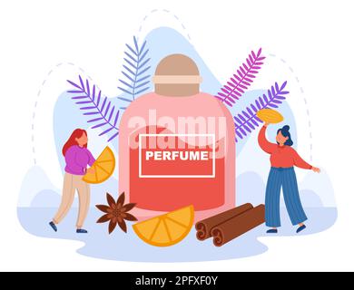 Petites femmes avec énorme bouteille de parfum vecteur plat illustration Illustration de Vecteur