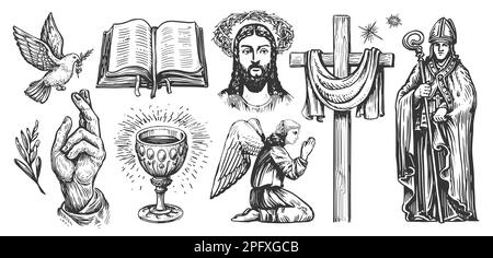 Concept de foi en Dieu, esquisse. Collection d'illustrations religieuses dans un style de gravure vintage Banque D'Images