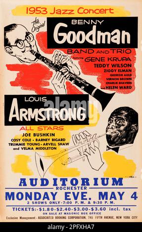 Satchmo - Louis Armstrong, Benny Goodman 1953 Rochester, New York, affiche de concert, Auditorium Rochester Banque D'Images