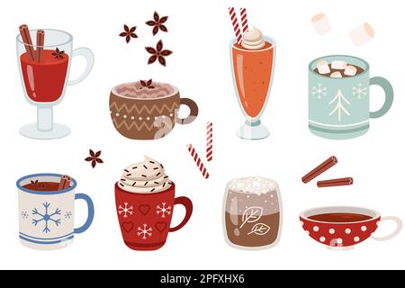 Mugs avec boissons chaudes d'hiver ensemble d'illustrations vectorielles plates Illustration de Vecteur